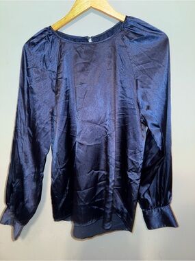Satin Long-Sleeve Blouse in Deep Navy